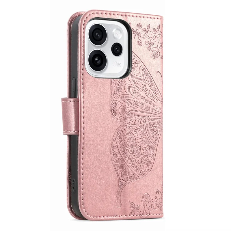 For Oppo Reno15 F 5G Case with Strap Butterfly Pattern PU Leather Wallet Phone Cover - Rose Gold