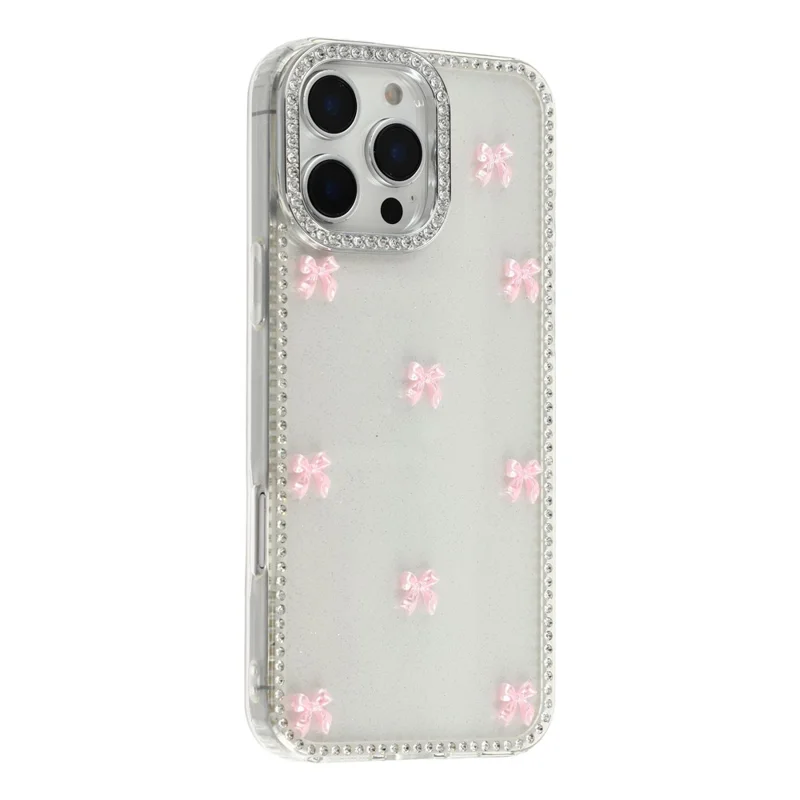 For iPhone 16 Pro Case Rhinestone Aurora Butterfly Bow Glitter TPU + PC IMD Phone Cover - Glitter Transparent