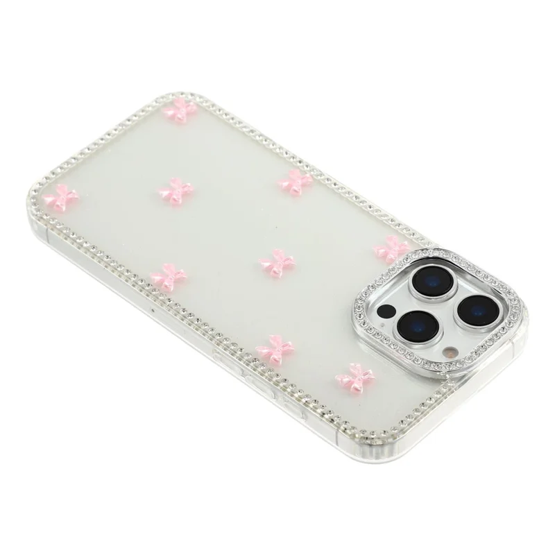 For iPhone 16 Pro Case Rhinestone Aurora Butterfly Bow Glitter TPU + PC IMD Phone Cover - Glitter Transparent