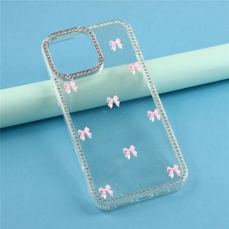 For iPhone 16 Pro Case Rhinestone Aurora Butterfly Bow Glitter TPU + PC IMD Phone Cover - Glitter Transparent