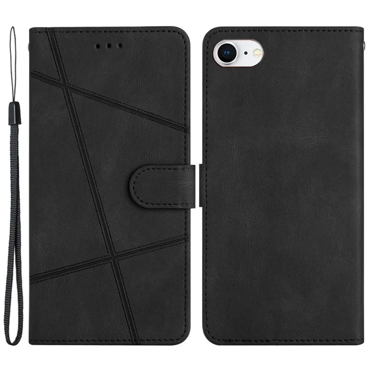 Custodia per telefono per iPhone 6 / 6s / 7 / 8 da 4,7 pollici / iPhone SE (2022) / SE (2020) con linee impresse, custodia antishock con supporto, texture in pelle di cavallo pazzo PU, con tracolla - Nero