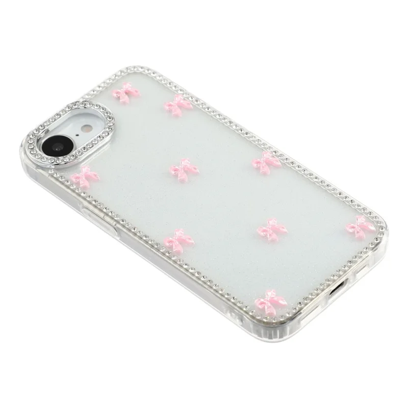 Funda para iPhone 17e / 16e con TPU + PC IMD, diseño de arco de mariposa Aurora, purpurina y diamantes de imitación - Transparente con purpurina