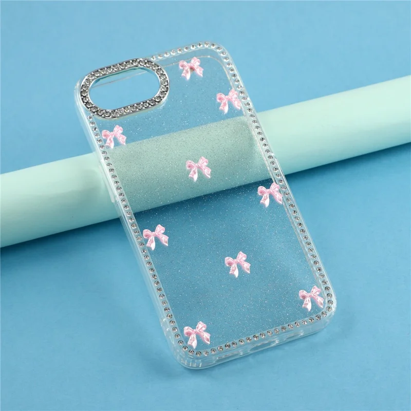 Funda para iPhone 17e / 16e con TPU + PC IMD, diseño de arco de mariposa Aurora, purpurina y diamantes de imitación - Transparente con purpurina