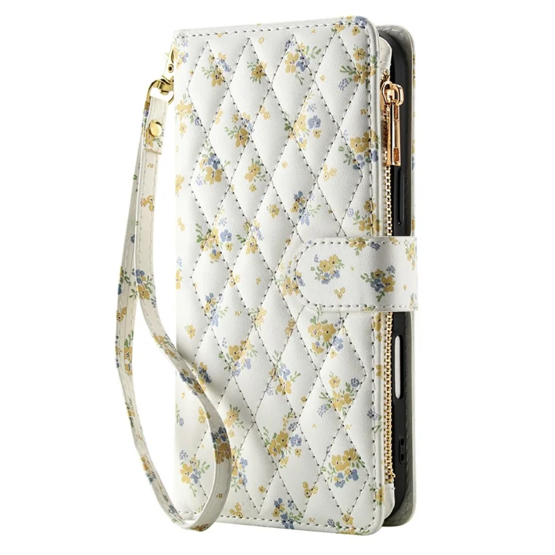 For iPhone 17 Pro Max Leather Case with Wrist Strap  /  Shoulder Strap Rhombic Floral Pattern Zipper Wallet Phone Cover - A5