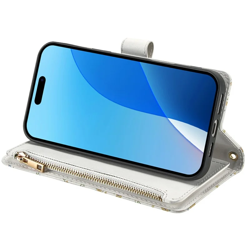 For iPhone 17 Pro Max Leather Case with Wrist Strap  /  Shoulder Strap Rhombic Floral Pattern Zipper Wallet Phone Cover - A5