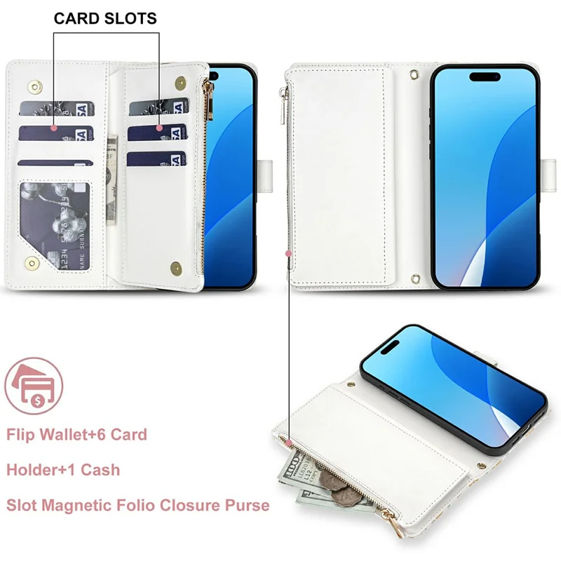 For iPhone 17 Pro Max Leather Case with Wrist Strap  /  Shoulder Strap Rhombic Floral Pattern Zipper Wallet Phone Cover - A5