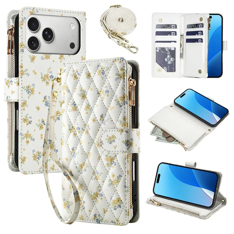 For iPhone 17 Pro Leather Case with Wrist Strap  /  Shoulder Strap Rhombic Floral Pattern Zipper Wallet Phone Cover - A5