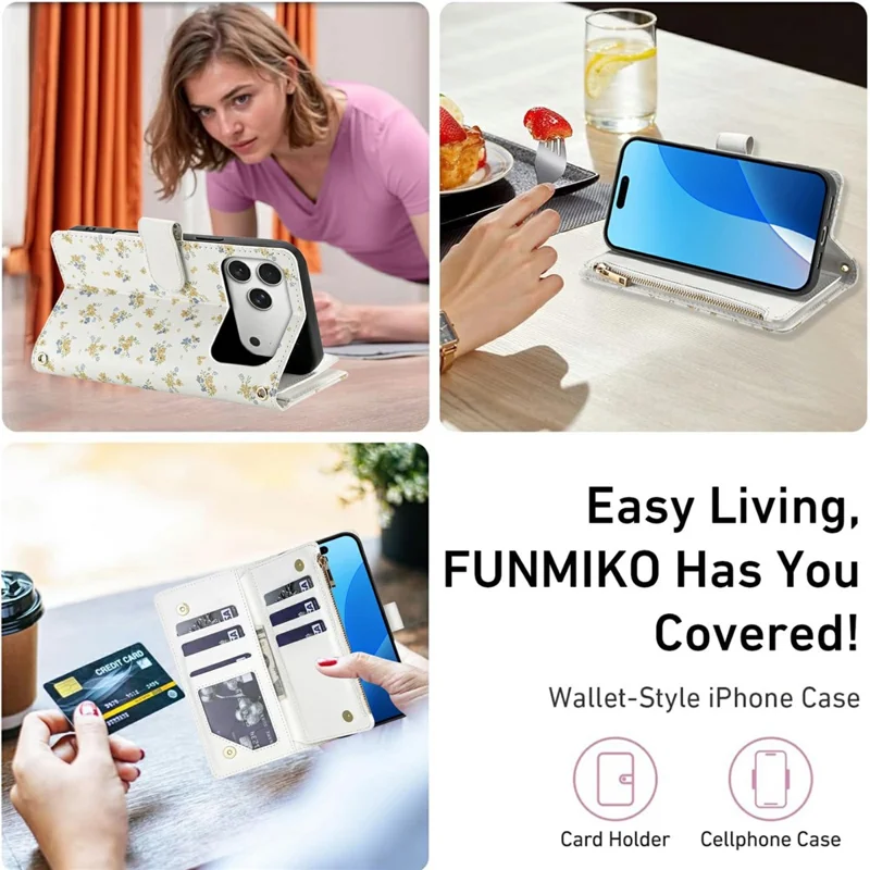 For iPhone 17 Pro Leather Case with Wrist Strap  /  Shoulder Strap Rhombic Floral Pattern Zipper Wallet Phone Cover - A5