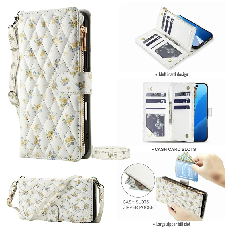 For iPhone 17 Pro Leather Case with Wrist Strap  /  Shoulder Strap Rhombic Floral Pattern Zipper Wallet Phone Cover - A5