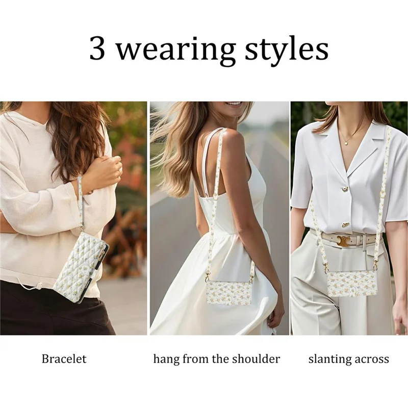 For iPhone 17 Pro Leather Case with Wrist Strap  /  Shoulder Strap Rhombic Floral Pattern Zipper Wallet Phone Cover - A5