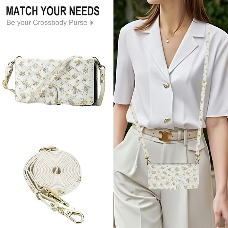 For iPhone 17 Pro Leather Case with Wrist Strap  /  Shoulder Strap Rhombic Floral Pattern Zipper Wallet Phone Cover - A5