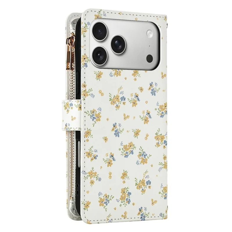 For iPhone 17 Pro Leather Case with Wrist Strap  /  Shoulder Strap Rhombic Floral Pattern Zipper Wallet Phone Cover - A5