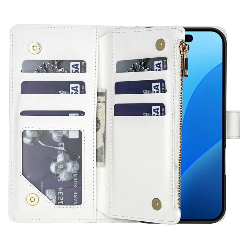 For iPhone 17 Pro Leather Case with Wrist Strap  /  Shoulder Strap Rhombic Floral Pattern Zipper Wallet Phone Cover - A5