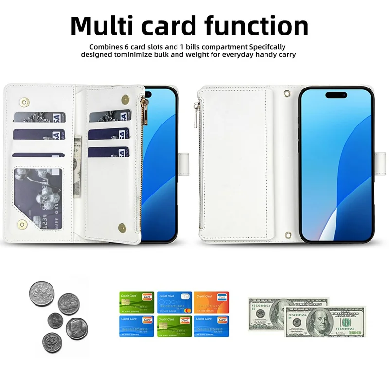 For iPhone 17 Pro Leather Case with Wrist Strap  /  Shoulder Strap Rhombic Floral Pattern Zipper Wallet Phone Cover - A5