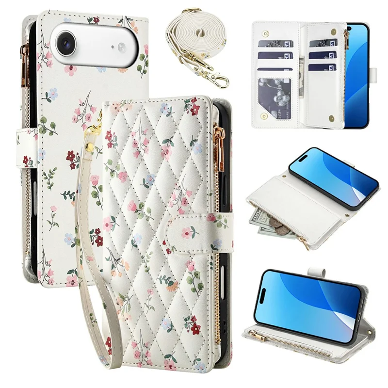 For iPhone Air Leather Case with Wrist Strap  /  Shoulder Strap Rhombic Floral Pattern Zipper Wallet Phone Cover - A1