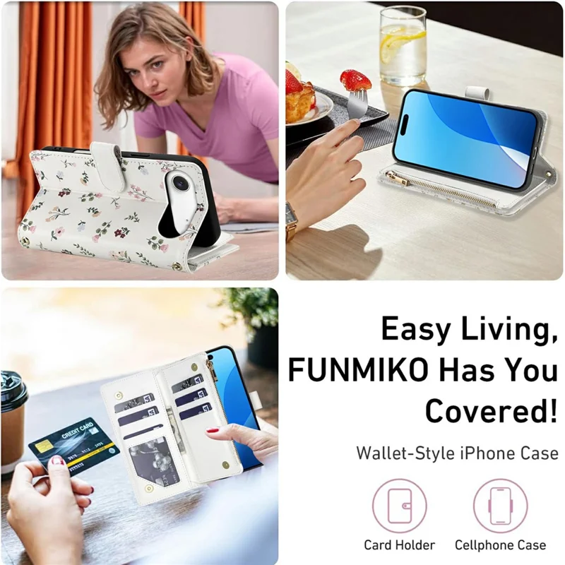 For iPhone Air Leather Case with Wrist Strap  /  Shoulder Strap Rhombic Floral Pattern Zipper Wallet Phone Cover - A1