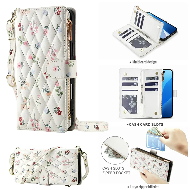 For iPhone Air Leather Case with Wrist Strap  /  Shoulder Strap Rhombic Floral Pattern Zipper Wallet Phone Cover - A1