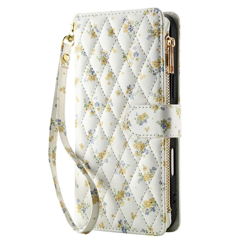 For iPhone Air Leather Case with Wrist Strap  /  Shoulder Strap Rhombic Floral Pattern Zipper Wallet Phone Cover - A1