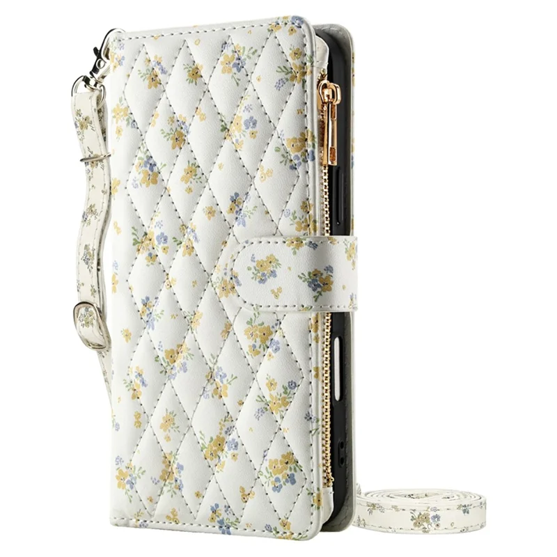 For iPhone Air Leather Case with Wrist Strap  /  Shoulder Strap Rhombic Floral Pattern Zipper Wallet Phone Cover - A1