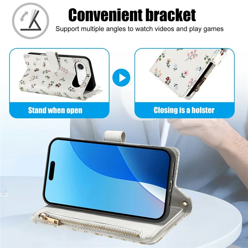 For iPhone Air Leather Case with Wrist Strap  /  Shoulder Strap Rhombic Floral Pattern Zipper Wallet Phone Cover - A1