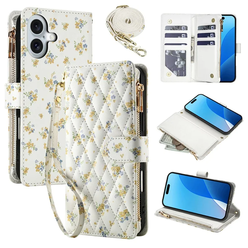 For iPhone 17 Leather Case with Wrist Strap  /  Shoulder Strap Rhombic Floral Pattern Zipper Wallet Phone Cover - A5