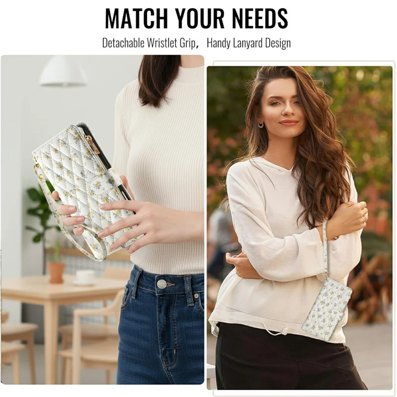 For iPhone 17 Leather Case with Wrist Strap  /  Shoulder Strap Rhombic Floral Pattern Zipper Wallet Phone Cover - A5