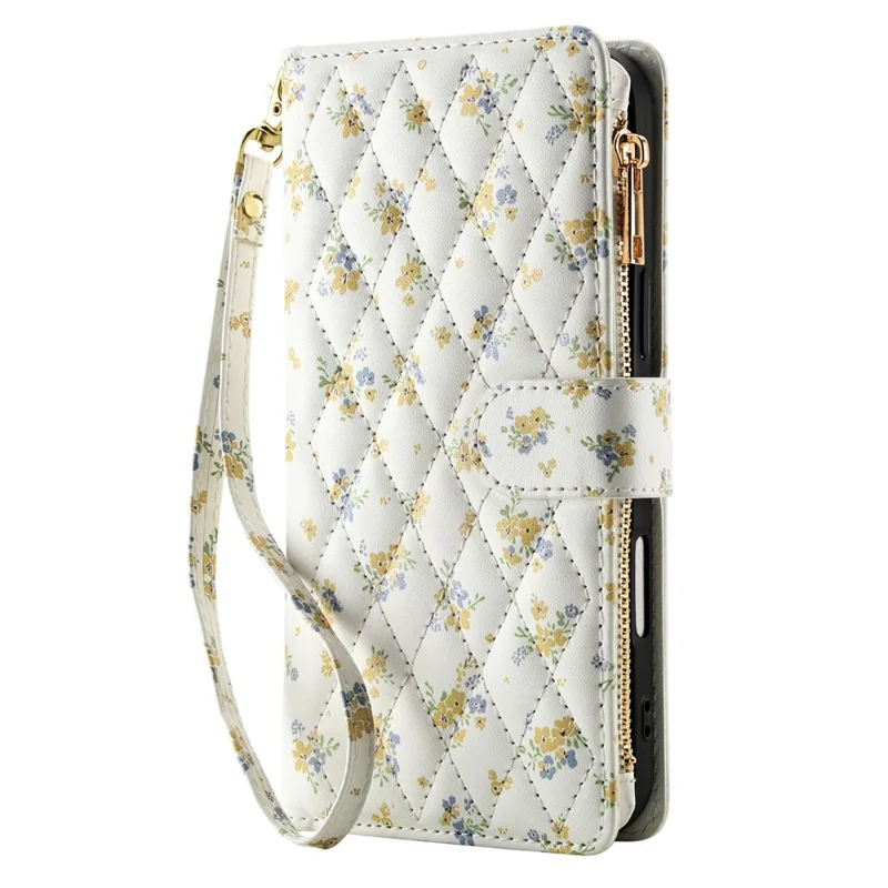 For iPhone 17 Leather Case with Wrist Strap  /  Shoulder Strap Rhombic Floral Pattern Zipper Wallet Phone Cover - A5