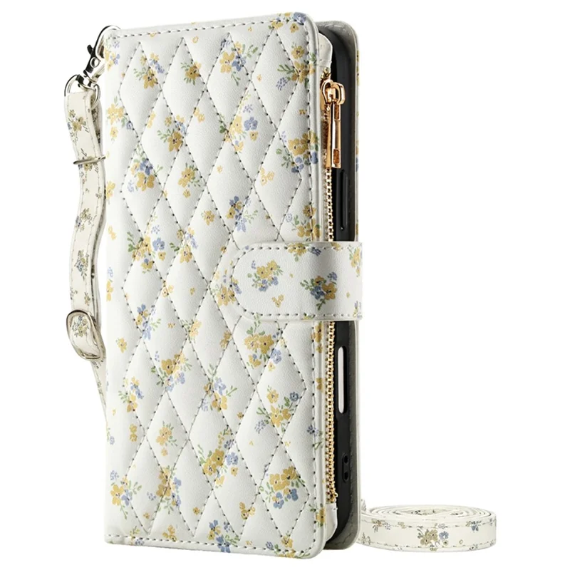For iPhone 17 Leather Case with Wrist Strap  /  Shoulder Strap Rhombic Floral Pattern Zipper Wallet Phone Cover - A5