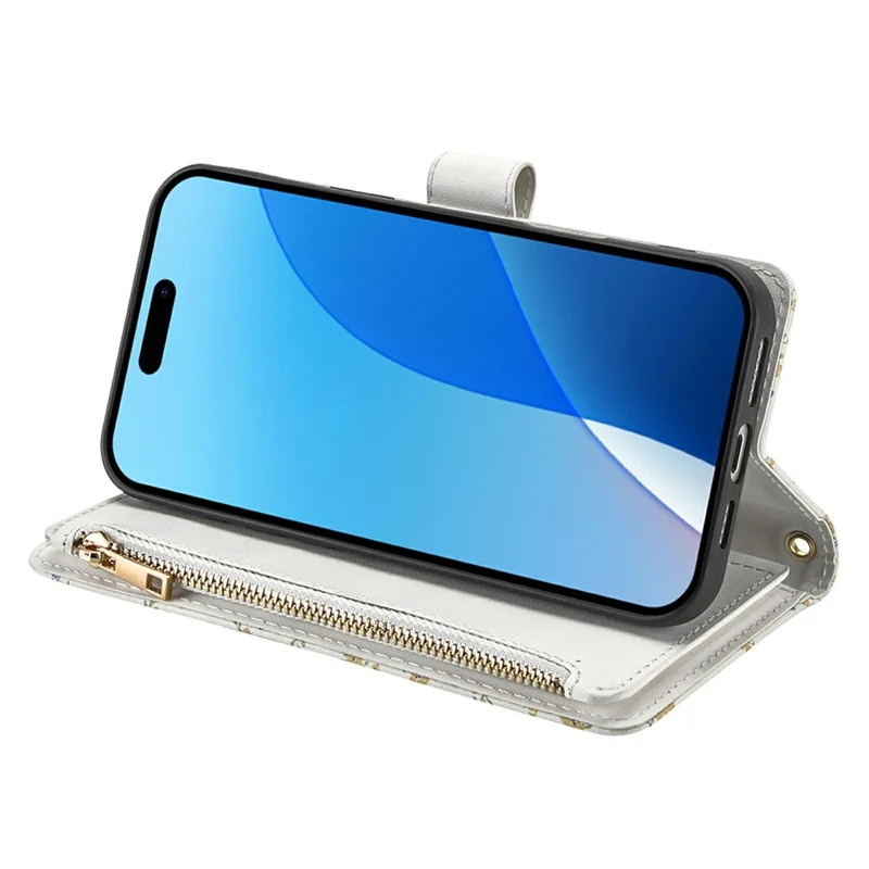 For iPhone 17 Leather Case with Wrist Strap  /  Shoulder Strap Rhombic Floral Pattern Zipper Wallet Phone Cover - A5