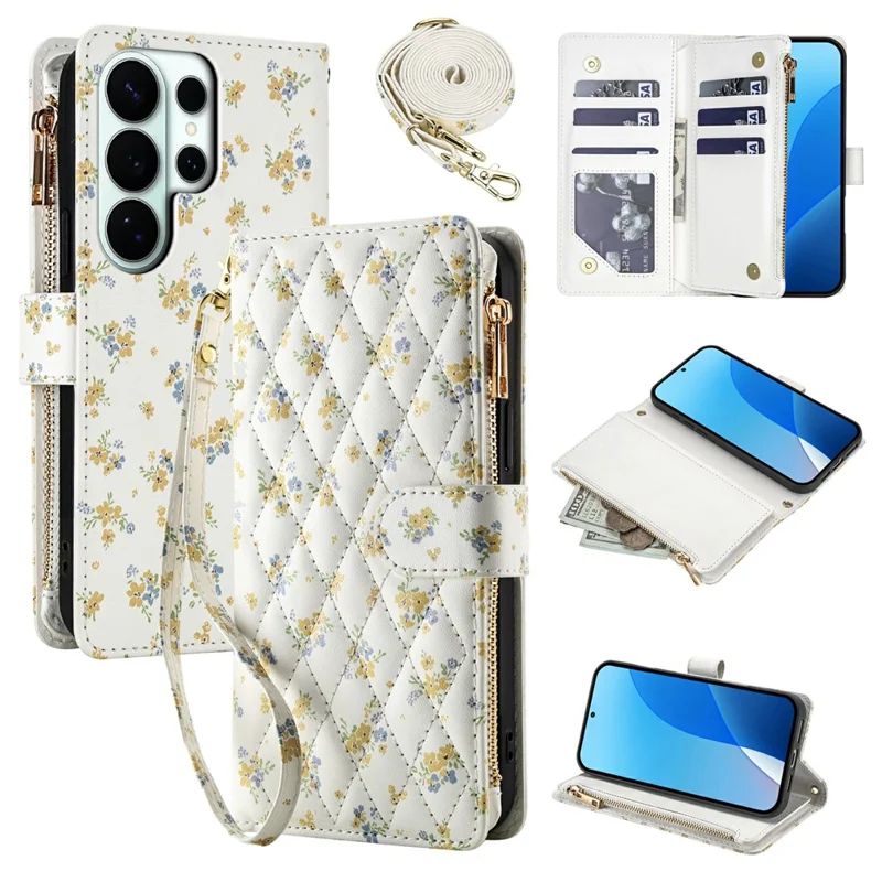 For Samsung Galaxy S26 Ultra Leather Case with Wrist Strap  /  Shoulder Strap Rhombic Floral Pattern Zipper Wallet Phone Cover - A5