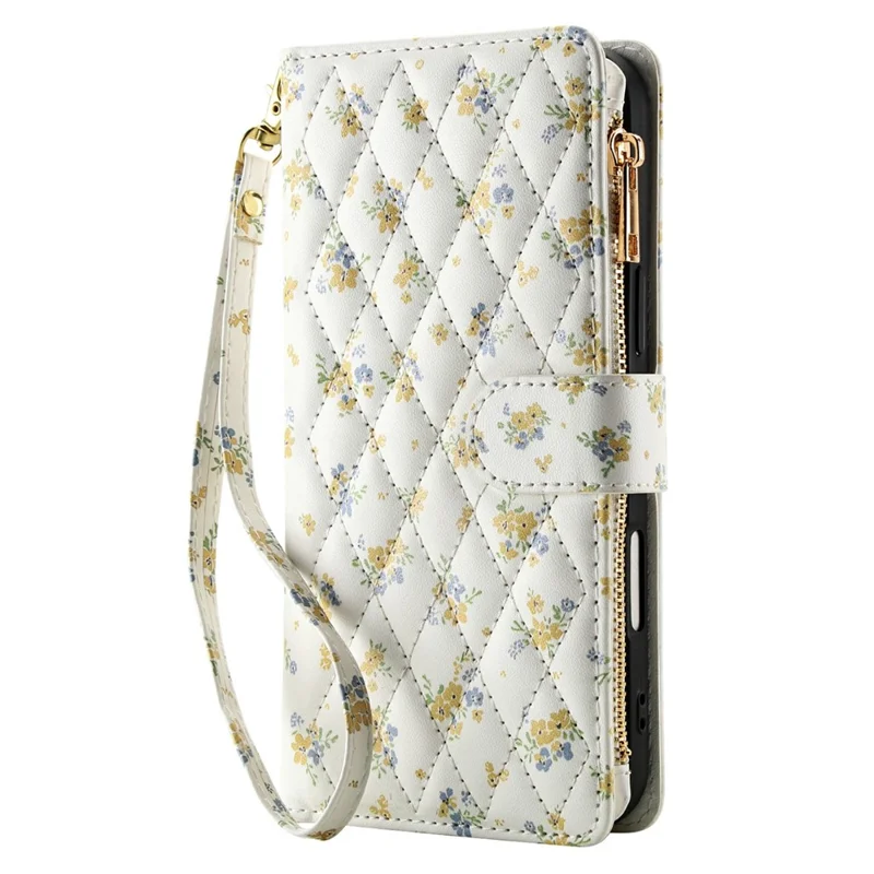 For Samsung Galaxy S26 Ultra Leather Case with Wrist Strap  /  Shoulder Strap Rhombic Floral Pattern Zipper Wallet Phone Cover - A5