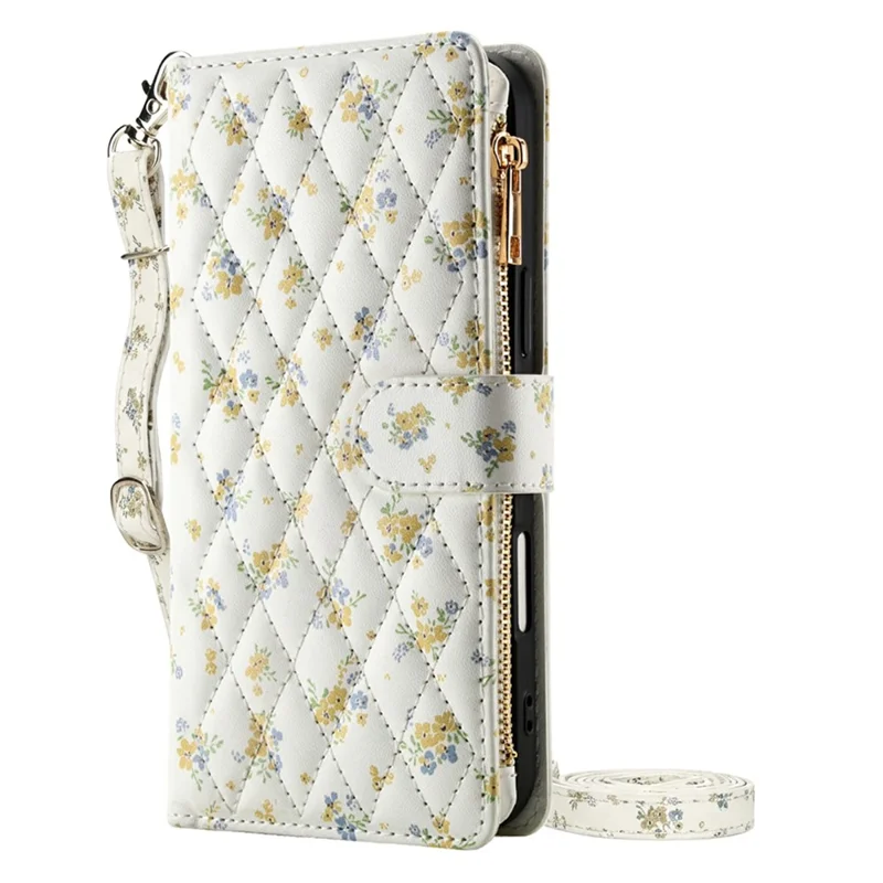 For Samsung Galaxy S26 Ultra Leather Case with Wrist Strap  /  Shoulder Strap Rhombic Floral Pattern Zipper Wallet Phone Cover - A5