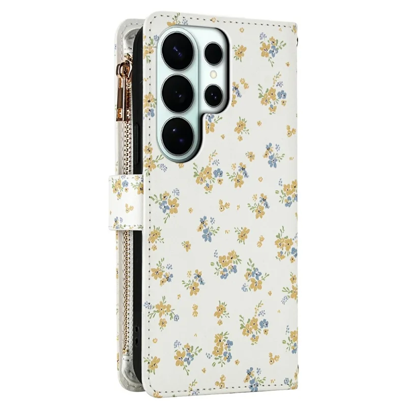 For Samsung Galaxy S26 Ultra Leather Case with Wrist Strap  /  Shoulder Strap Rhombic Floral Pattern Zipper Wallet Phone Cover - A5
