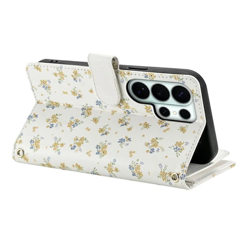 For Samsung Galaxy S26 Ultra Leather Case with Wrist Strap  /  Shoulder Strap Rhombic Floral Pattern Zipper Wallet Phone Cover - A5