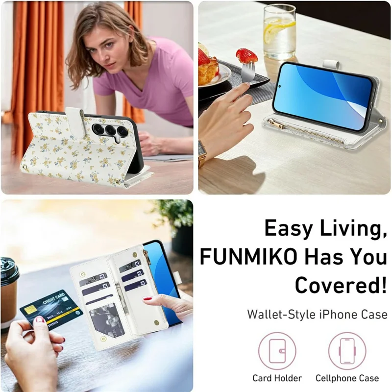 For Samsung Galaxy S26+ Leather Case with Wrist Strap  /  Shoulder Strap Rhombic Floral Pattern Zipper Wallet Phone Cover - A5