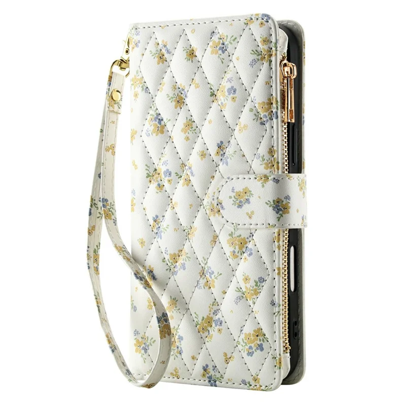 For Samsung Galaxy S26+ Leather Case with Wrist Strap  /  Shoulder Strap Rhombic Floral Pattern Zipper Wallet Phone Cover - A5