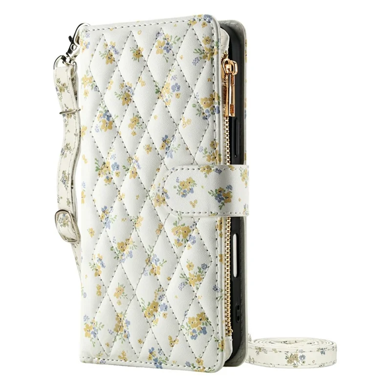For Samsung Galaxy S26+ Leather Case with Wrist Strap  /  Shoulder Strap Rhombic Floral Pattern Zipper Wallet Phone Cover - A5