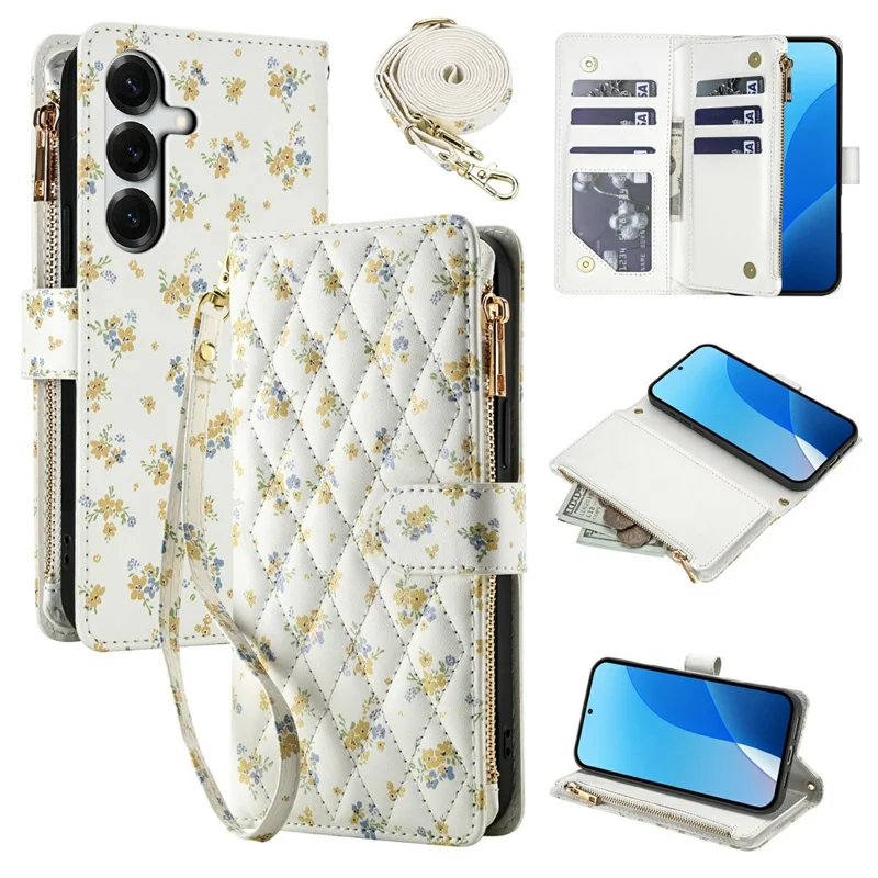 For Samsung Galaxy S26 Leather Case with Wrist Strap  /  Shoulder Strap Rhombic Floral Pattern Zipper Wallet Phone Cover - A5