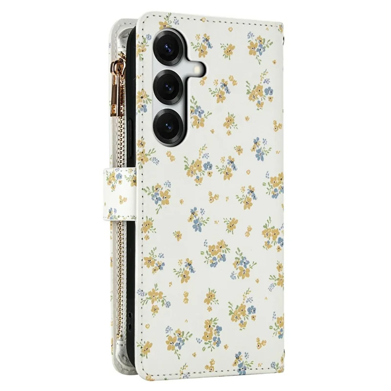 For Samsung Galaxy S26 Leather Case with Wrist Strap  /  Shoulder Strap Rhombic Floral Pattern Zipper Wallet Phone Cover - A5