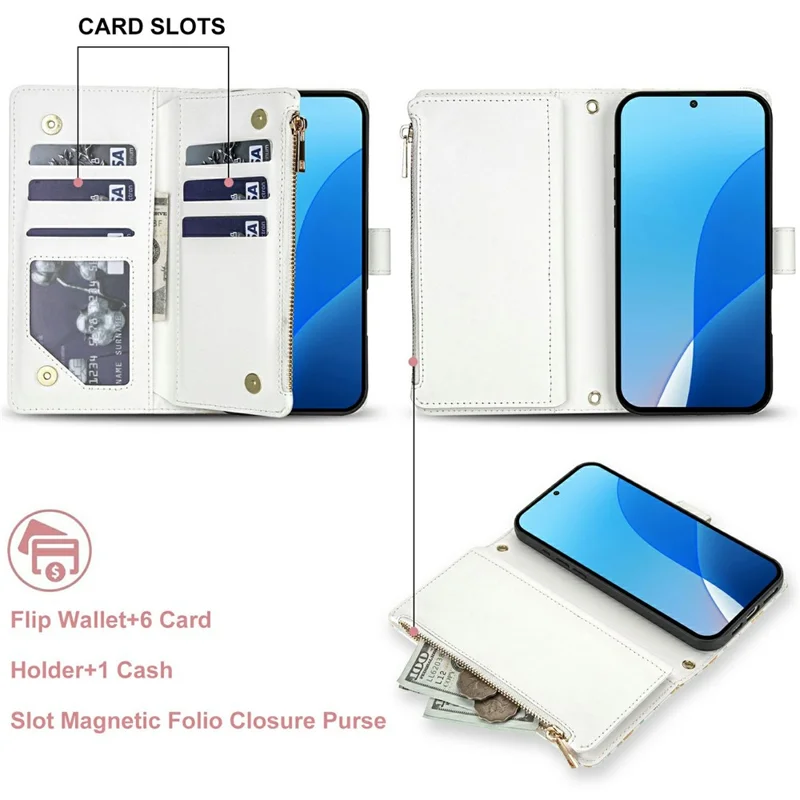 For Samsung Galaxy S26 Leather Case with Wrist Strap  /  Shoulder Strap Rhombic Floral Pattern Zipper Wallet Phone Cover - A5