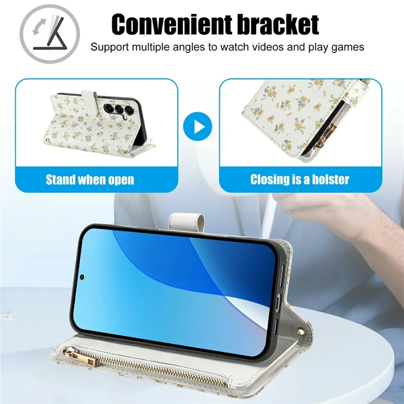 For Samsung Galaxy S26 Leather Case with Wrist Strap  /  Shoulder Strap Rhombic Floral Pattern Zipper Wallet Phone Cover - A5