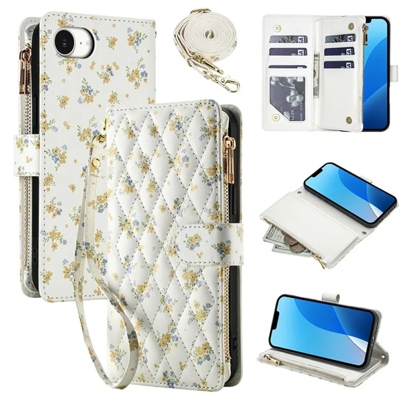 For iPhone 17e  /  16e Leather Case with Wrist Strap  /  Shoulder Strap Rhombic Floral Pattern Zipper Wallet Phone Cover - A5