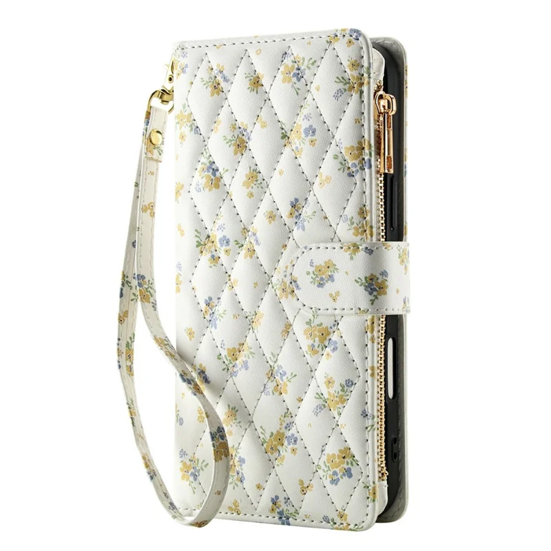 For iPhone 17e  /  16e Leather Case with Wrist Strap  /  Shoulder Strap Rhombic Floral Pattern Zipper Wallet Phone Cover - A5