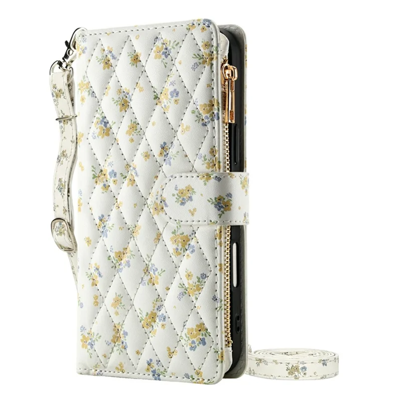 For iPhone 17e  /  16e Leather Case with Wrist Strap  /  Shoulder Strap Rhombic Floral Pattern Zipper Wallet Phone Cover - A5