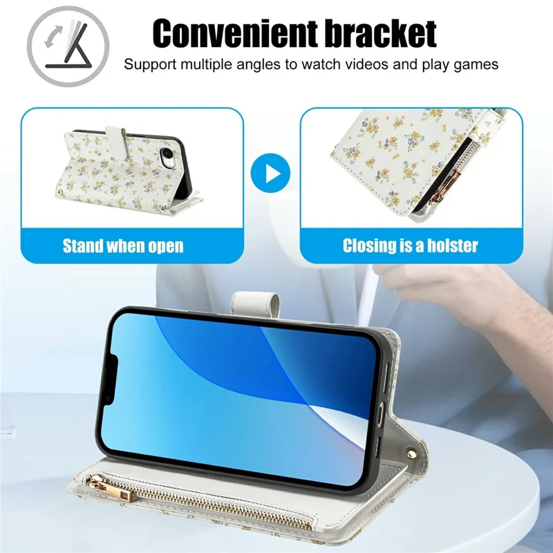 For iPhone 17e  /  16e Leather Case with Wrist Strap  /  Shoulder Strap Rhombic Floral Pattern Zipper Wallet Phone Cover - A5