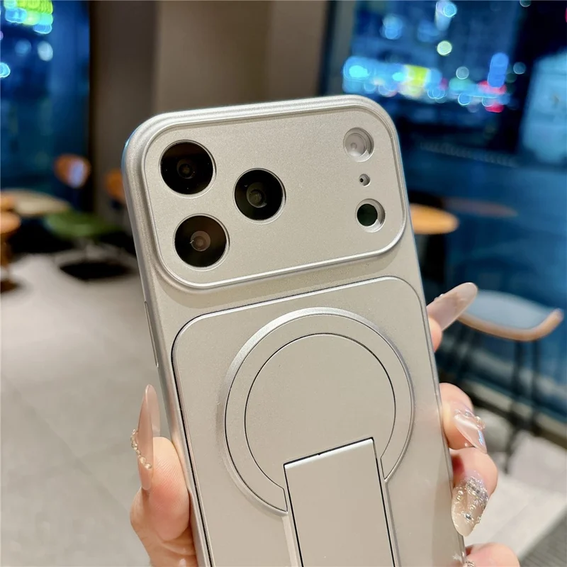 For iPhone 17 Pro Magnetic Cell phone Case with Pop-Out Kickstand TPU PC Back Cover Compatible with Magsafe - Silver