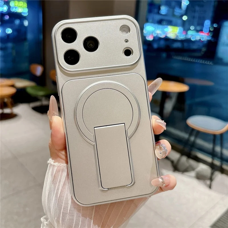 For iPhone 17 Pro Max Magnetic Cell Phone Case with Pop-Out Kickstand TPU PC Back Cover Compatible with Magsafe - Silver