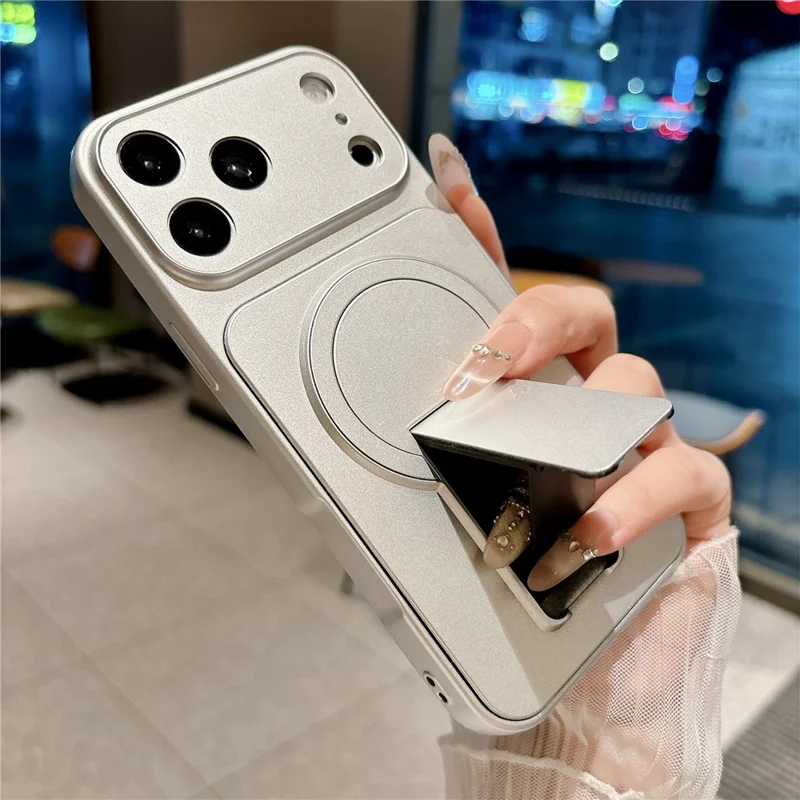 For iPhone 17 Pro Max Magnetic Cell Phone Case with Pop-Out Kickstand TPU PC Back Cover Compatible with Magsafe - Silver