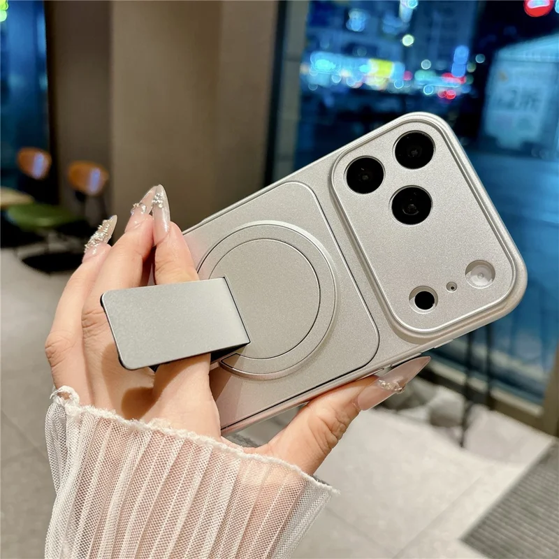 For iPhone 17 Pro Max Magnetic Cell Phone Case with Pop-Out Kickstand TPU PC Back Cover Compatible with Magsafe - Silver