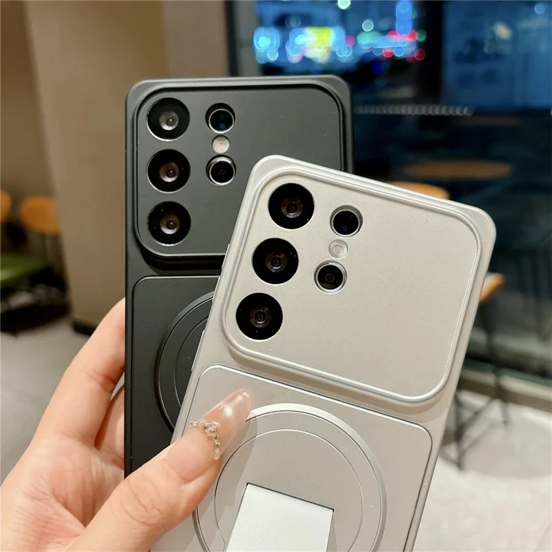 For Samsung Galaxy S26 Ultra Magnetic Cell Phone Case with Foldable Kickstand TPU PC Back Cover - Silver